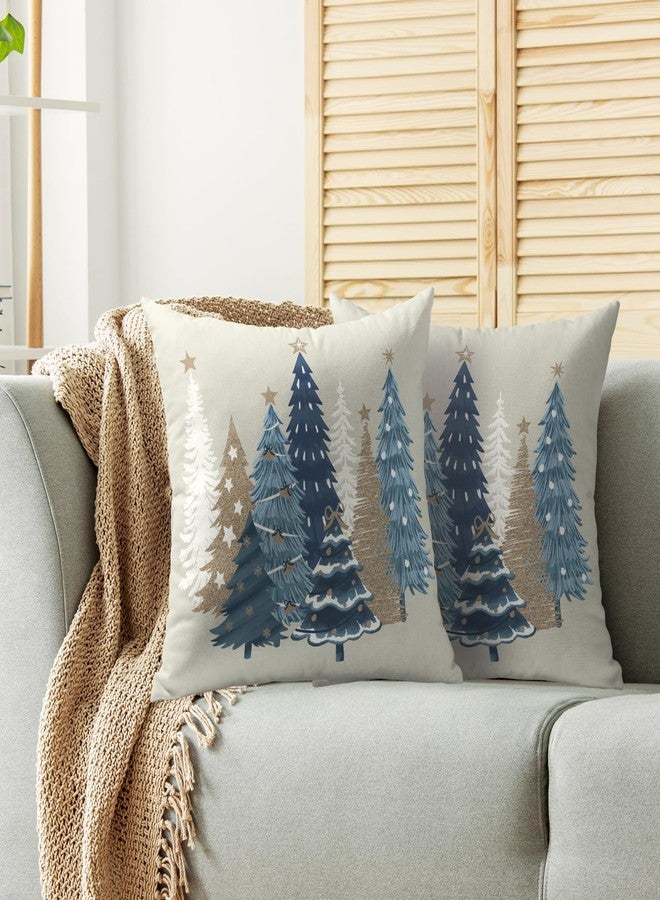 Sivirary Winter Christmas Pillow Covers 18x18 Inch Set of 2 Brown Blue Xmas Tree Decorative Throw Pillowcases Outdoor Holiday Seasonal Farmhouse Cushion Cases Decor for Sofa Couch Bed - Image 2